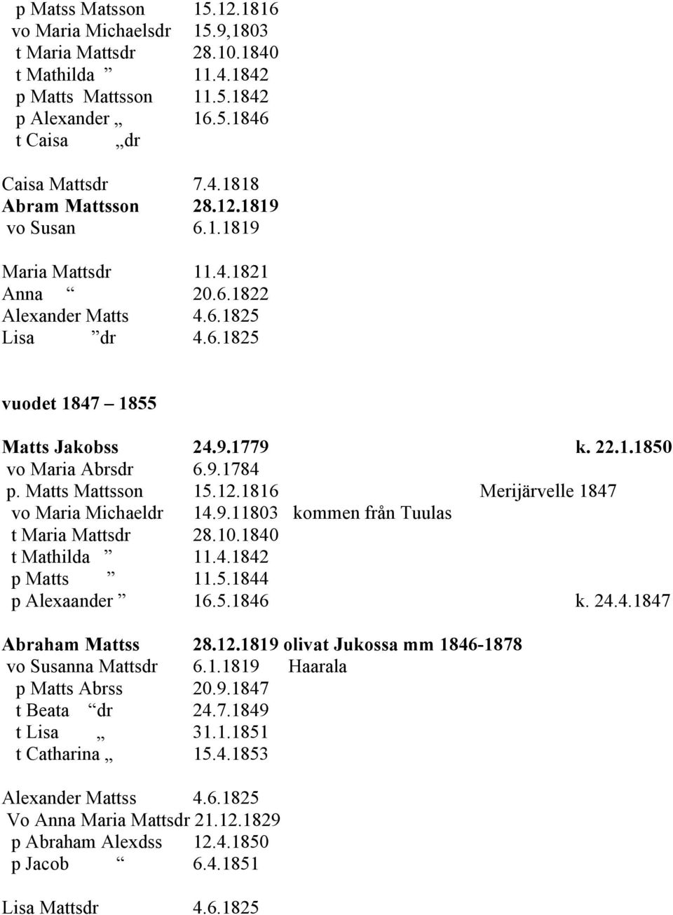 Matts Mattsson 15.12.1816 Merijärvelle 1847 vo Maria Michaeldr 14.9.11803 kommen från Tuulas t Maria Mattsdr 28.10.1840 t Mathilda 11.4.1842 p Matts 11.5.1844 p Alexaander 16.5.1846 k. 24.4.1847 Abraham Mattss 28.