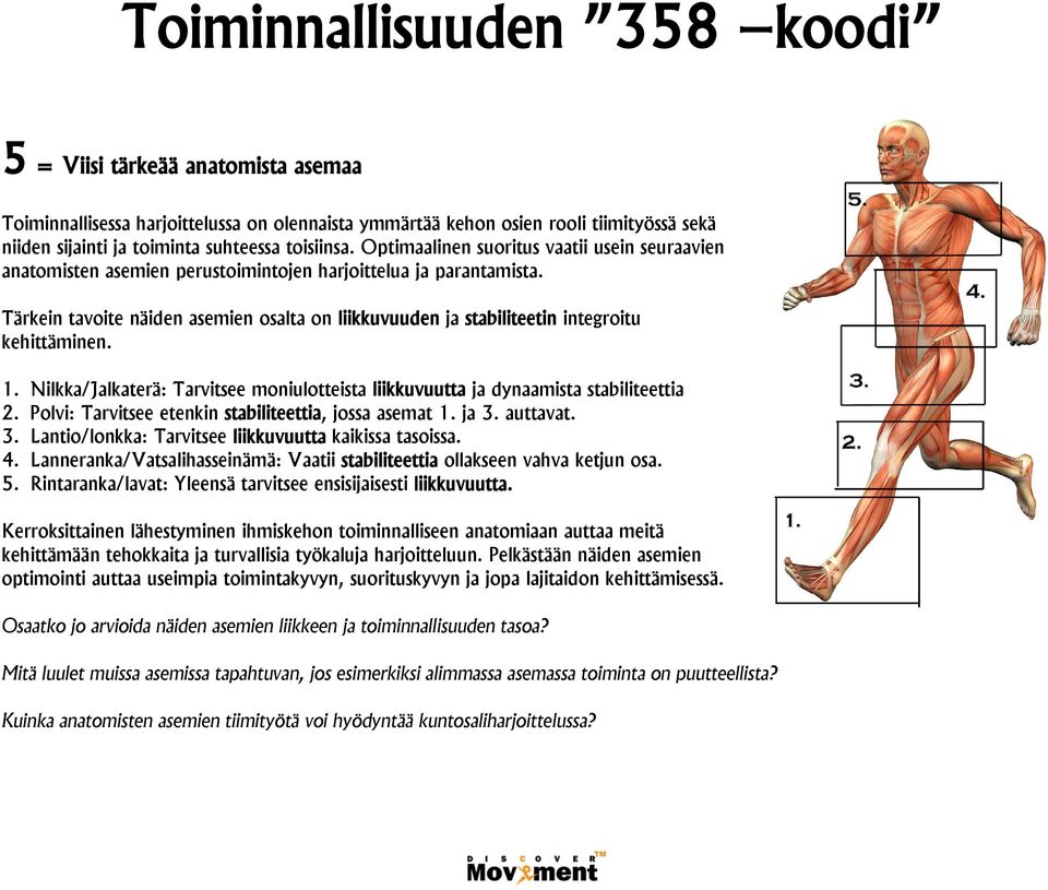 Tärkein tavoite näiden asemien osalta on liikkuvuuden ja stabiliteetin integroitu kehittäminen. 1. Nilkka/Jalkaterä: Tarvitsee moniulotteista liikkuvuutta ja dynaamista stabiliteettia 2.