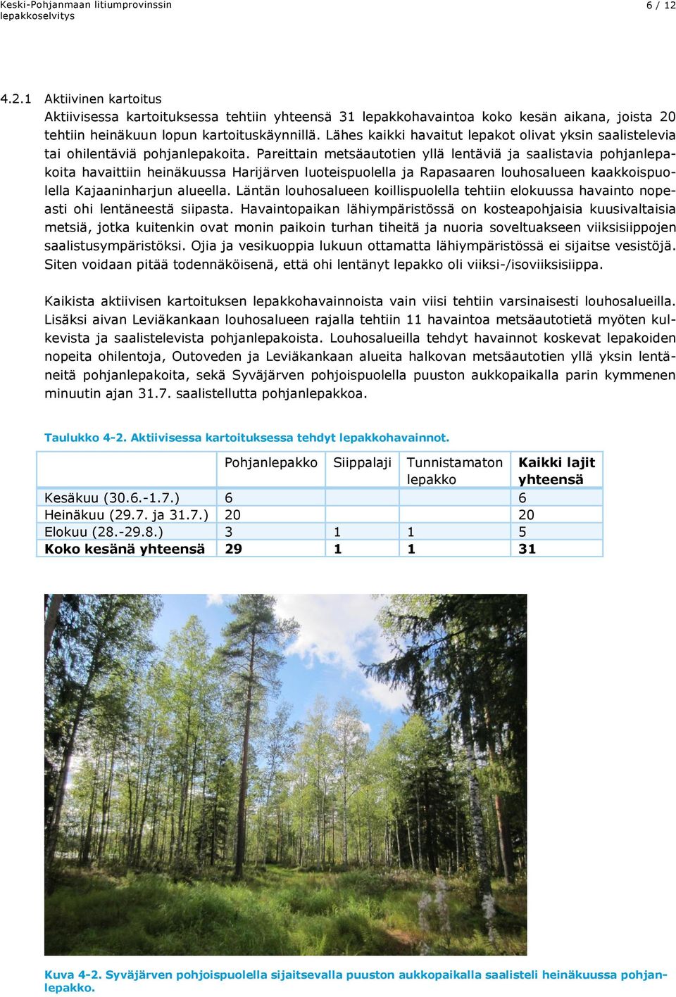Pareittain metsäautotien yllä lentäviä ja saalistavia pohjanlepakoita havaittiin heinäkuussa Harijärven luoteispuolella ja Rapasaaren louhosalueen kaakkoispuolella Kajaaninharjun alueella.