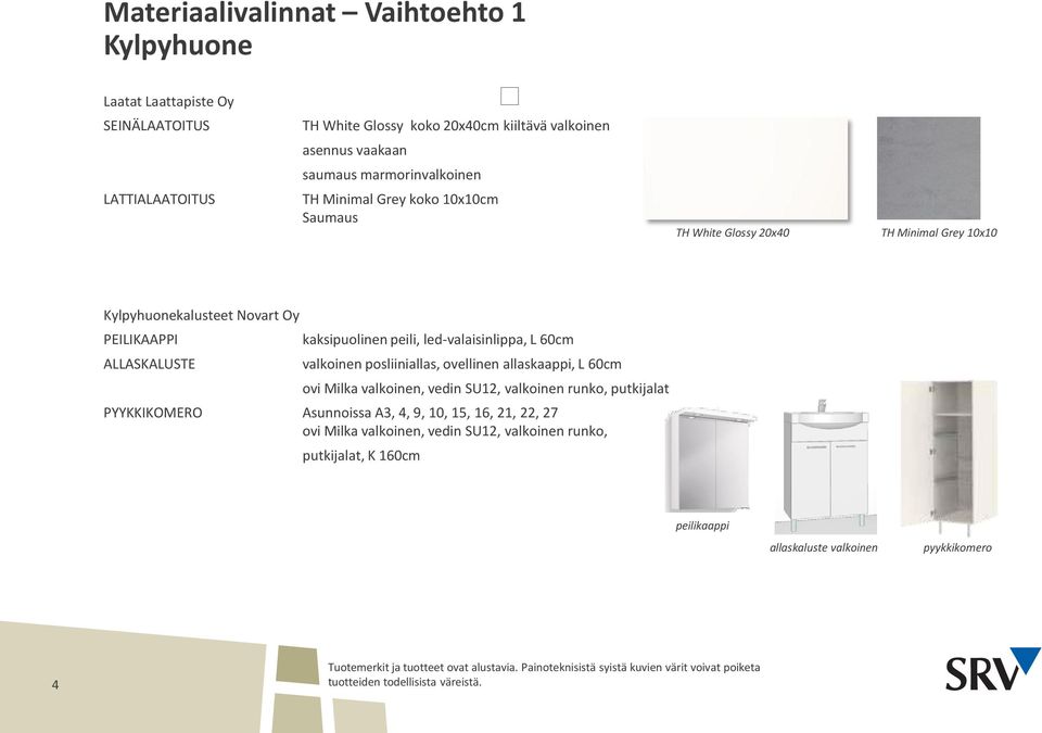 ALLASKALUSTE kaksipuolinen peili, led-valaisinlippa, L 60cm valkoinen posliiniallas, ovellinen allaskaappi, L 60cm ovi Milka valkoinen, vedin SU12, valkoinen runko,