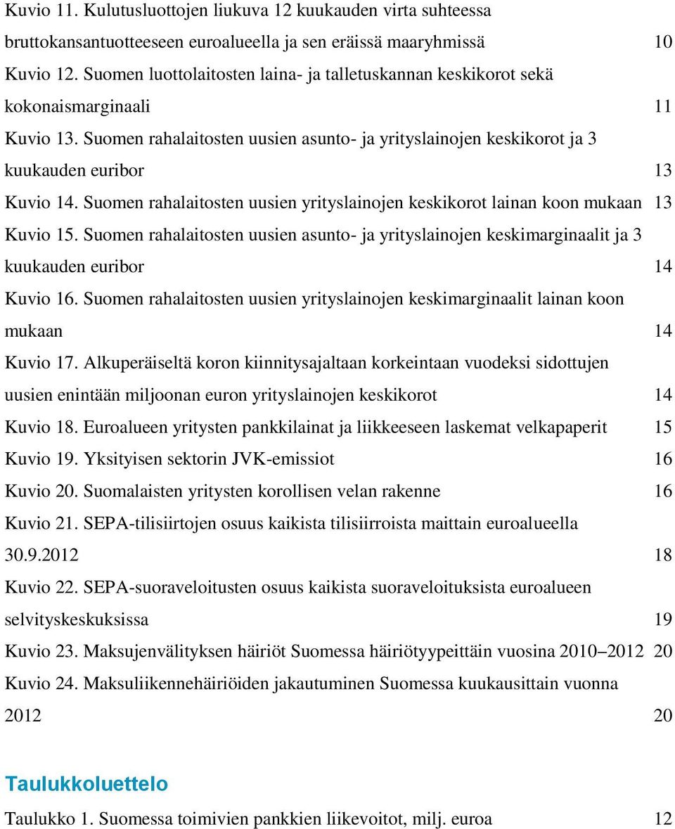 Suomen rahalaitosten uusien yrityslainojen keskikorot lainan koon mukaan 13 Kuvio 15. Suomen rahalaitosten uusien asunto- ja yrityslainojen keskimarginaalit ja 3 kuukauden euribor 14 Kuvio 16.