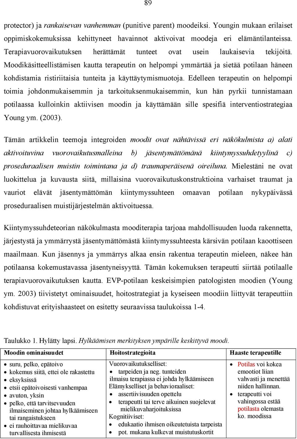 Moodikäsitteellistämisen kautta terapeutin on helpompi ymmärtää ja sietää potilaan häneen kohdistamia ristiriitaisia tunteita ja käyttäytymismuotoja.