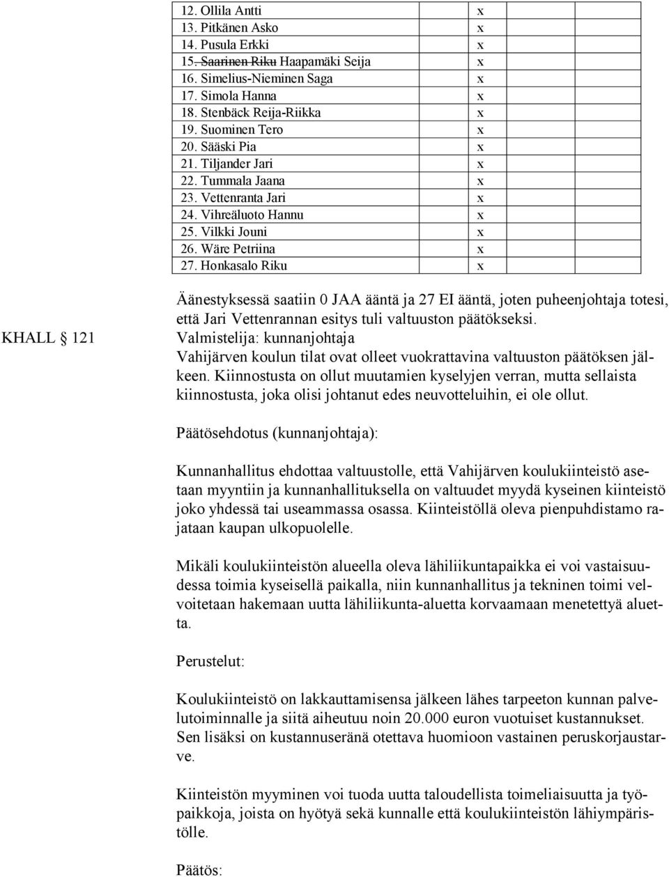 Honkasalo Riku x KHALL 121 Äänestyksessä saatiin 0 JAA ääntä ja 27 EI ääntä, joten puheenjohtaja totesi, että Jari Vettenrannan esitys tuli valtuuston päätökseksi.