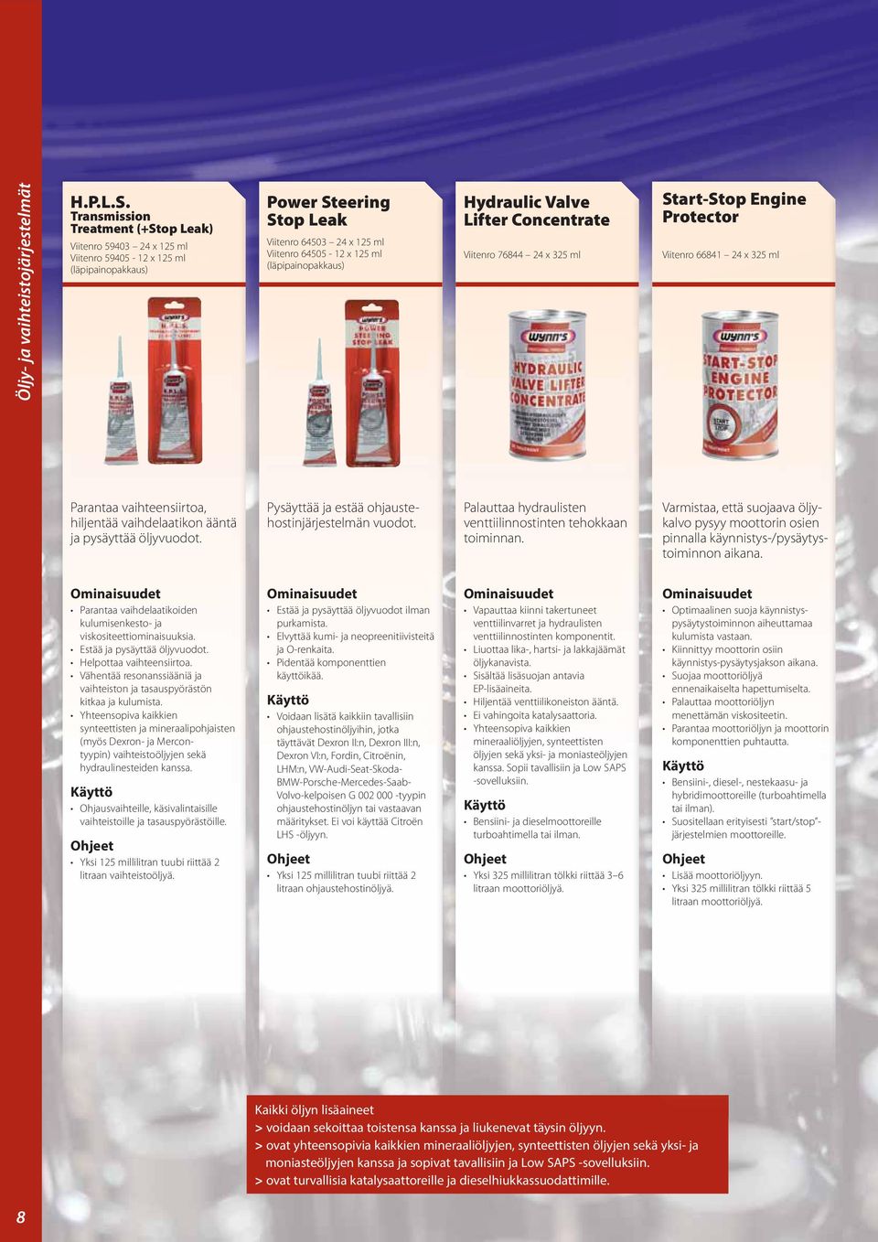(läpipainopakkaus) Hydraulic Valve Lifter Concentrate Viitenro 76844 24 x 325 ml Start-Stop Engine Protector Viitenro 66841 24 x 325 ml Parantaa vaihteensiirtoa, hiljentää vaihdelaatikon ääntä ja