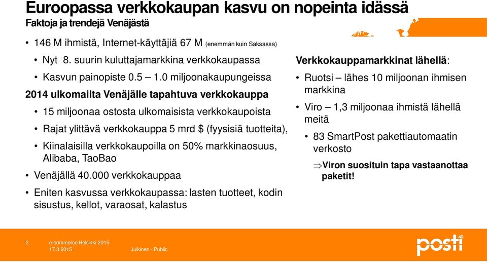 0 miljoonakaupungeissa 2014 ulkomailta Venäjälle tapahtuva verkkokauppa 15 miljoonaa ostosta ulkomaisista verkkokaupoista Rajat ylittävä verkkokauppa 5 mrd $ (fyysisiä tuotteita), Kiinalaisilla