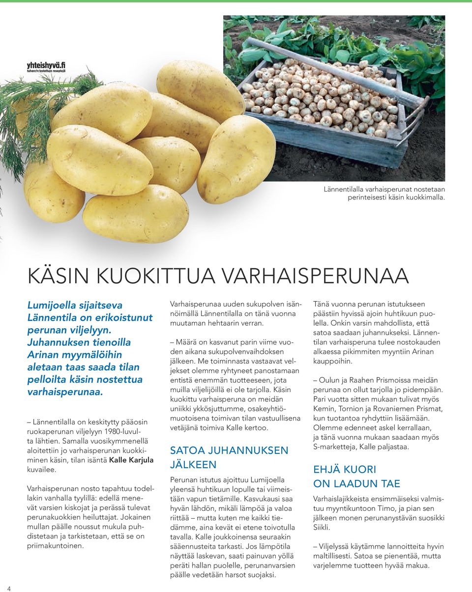 Samalla vuosikymmenellä aloitettiin jo varhaisperunan kuokkiminen käsin, tilan isäntä Kalle Karjula kuvailee.