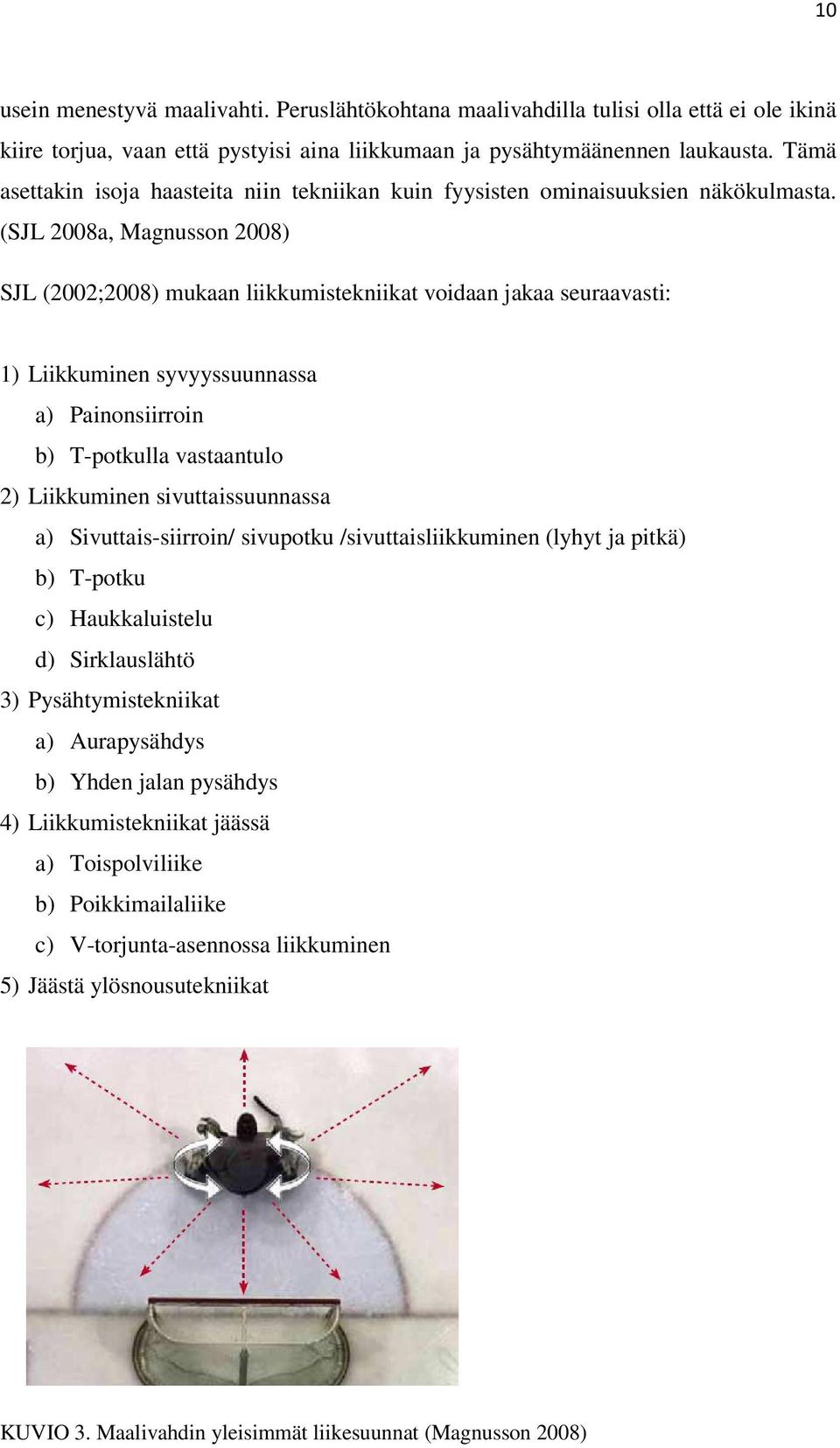 (SJL 2008a, Magnusson 2008) SJL (2002;2008) mukaan liikkumistekniikat voidaan jakaa seuraavasti: 1) Liikkuminen syvyyssuunnassa a) Painonsiirroin b) T-potkulla vastaantulo 2) Liikkuminen