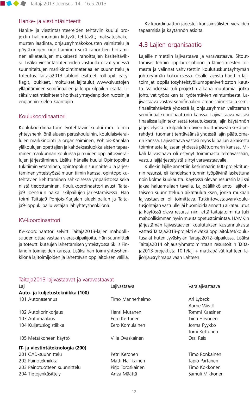 pöytäkirjojen kirjoittaminen sekä raporttien hoitaminen aikataulujen mukaisesti rahoittajien käsiteltäviksi.