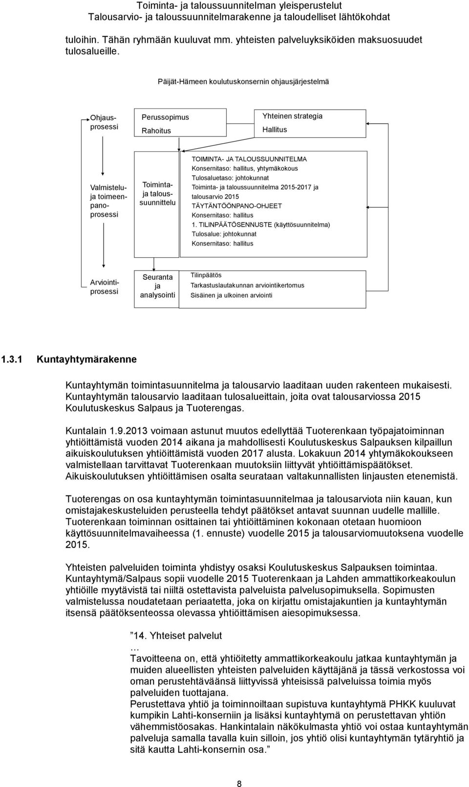 Päijät-Hämeen koulutuskonsernin ohjausjärjestelmä Perussopimus Rahoitus Yhteinen strategia Hallitus TOIMINTA- JA TALOUSSUUNNITELMA Konsernitaso: hallitus, yhtymäkokous Tulosaluetaso: johtokunnat
