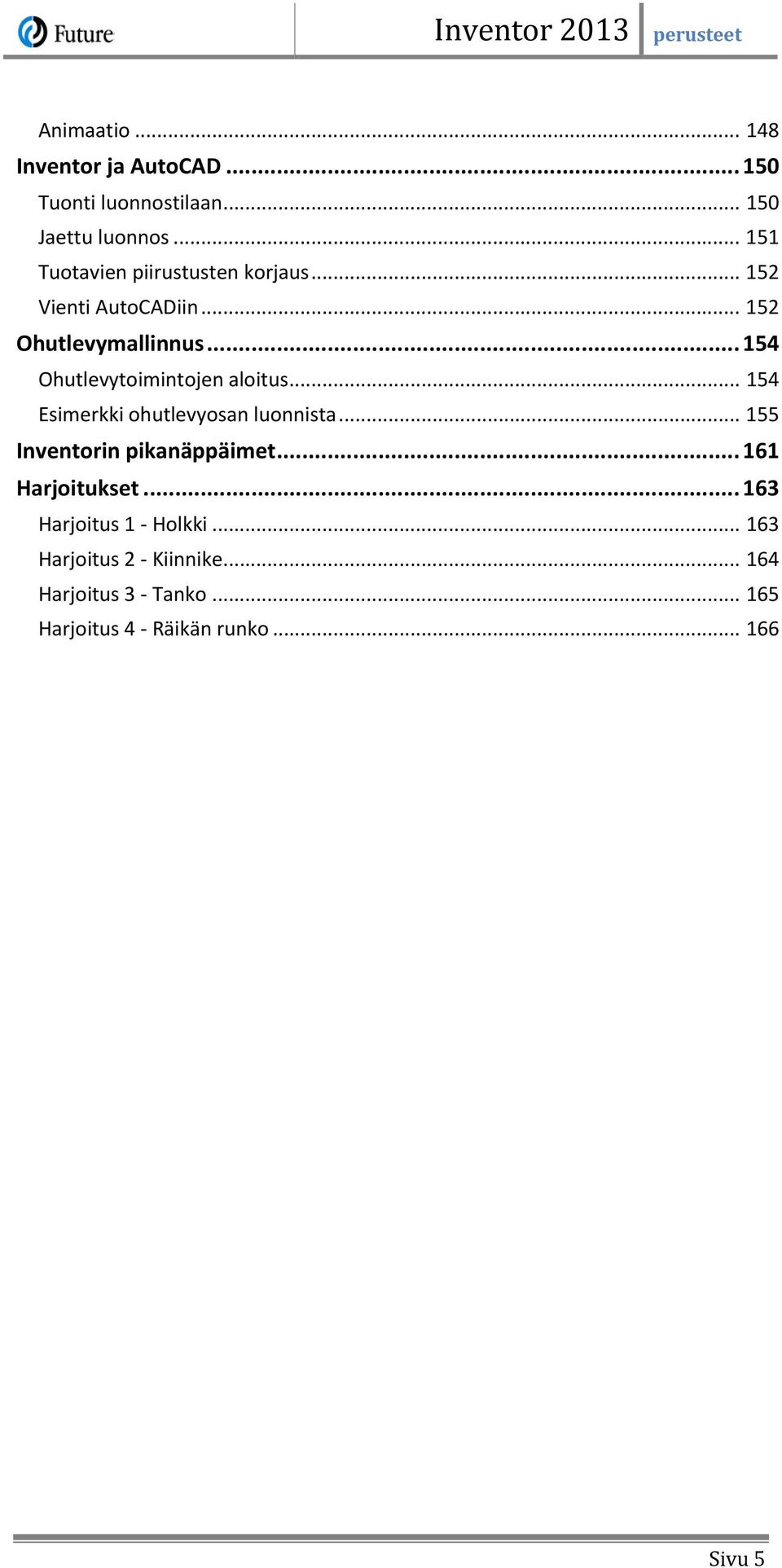 .. 154 Ohutlevytoimintojen aloitus... 154 Esimerkki ohutlevyosan luonnista... 155 Inventorin pikanäppäimet.