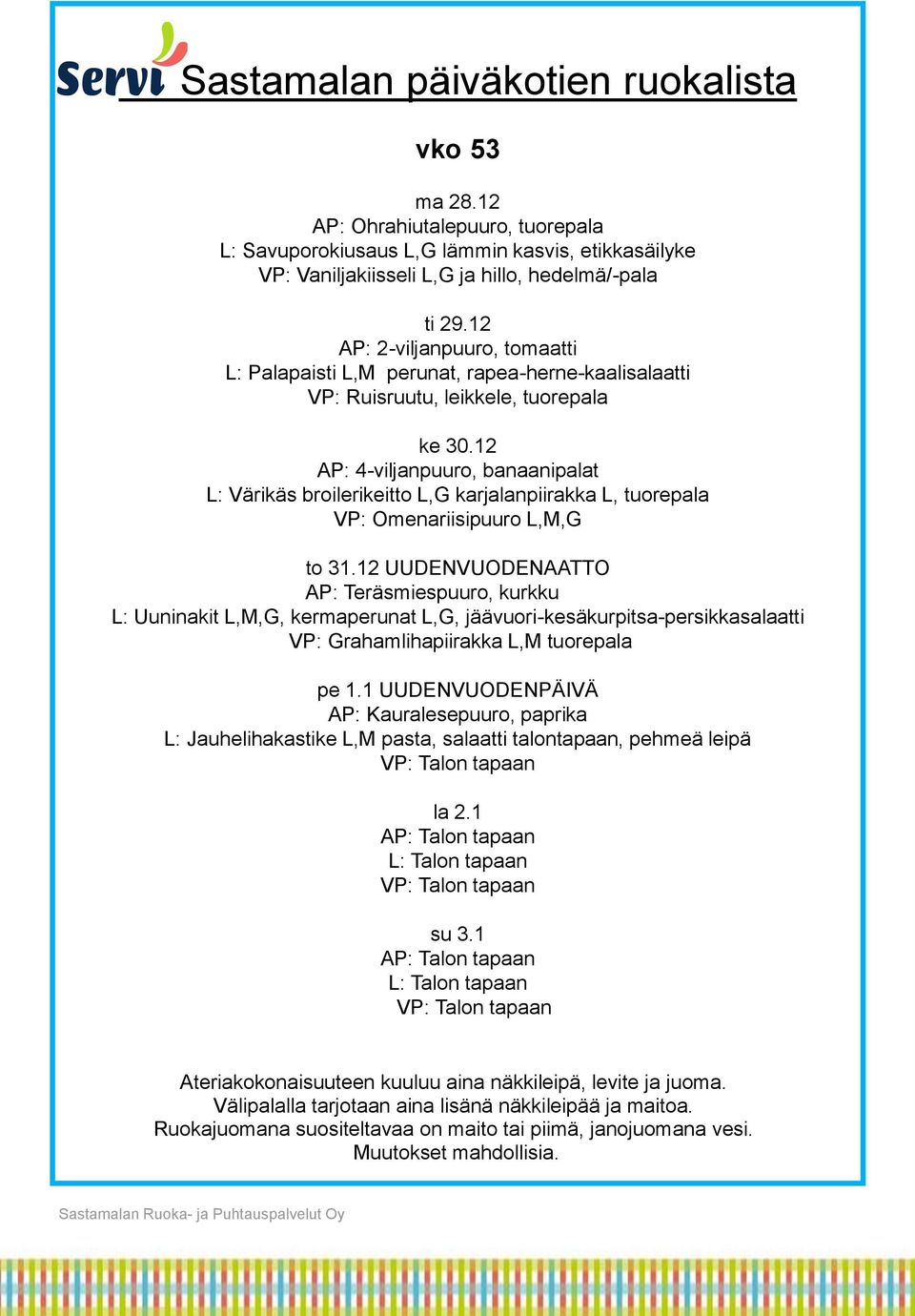 12 AP: 4-viljanpuuro, banaanipalat L: Värikäs broilerikeitto L,G karjalanpiirakka L, tuorepala VP: Omenariisipuuro L,M,G to 31.