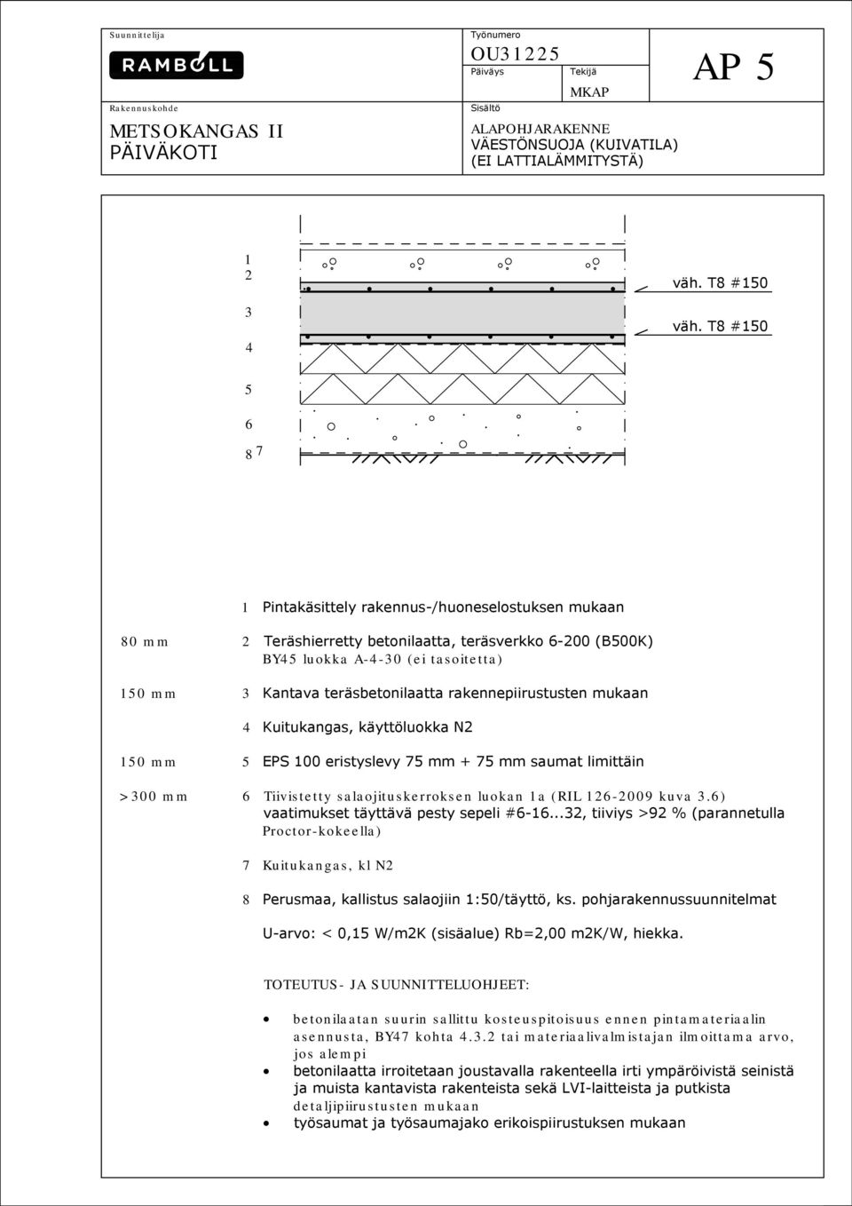 rakennepiirustusten mukaan 4 Kuitukangas, käyttöluokka N2 150 mm 5 EPS 100 eristyslevy 75 mm + 75 mm saumat limittäin >300 mm 6 Tiivistetty salaojituskerroksen luokan 1a (RIL 126-2009 kuva 3.