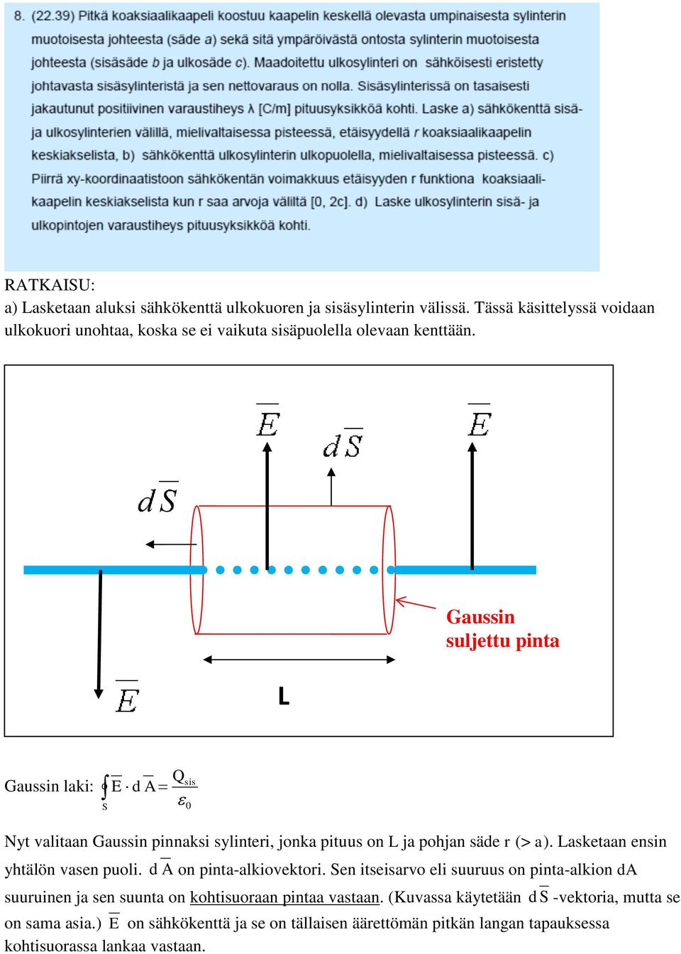 L Gaussin suljettu pinta Gaussin laki: E d A S Q sis 0 Nyt valitaan Gaussin pinnaksi sylinteri, jonka pituus on L ja pohjan säde r (> a).