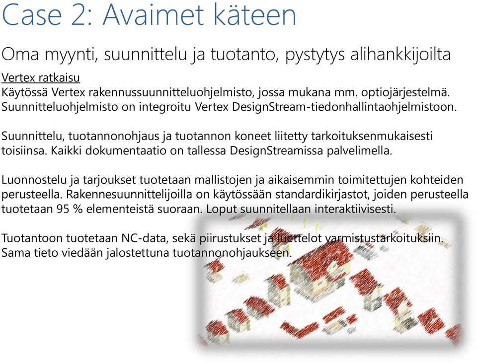 Kaikki dokumentaatio on tallessa DesignStreamissa palvelimella. Luonnostelu ja tarjoukset tuotetaan mallistojen ja aikaisemmin toimitettujen kohteiden perusteella.