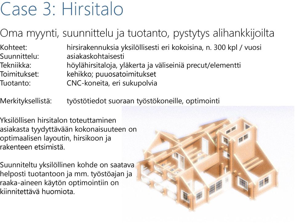 CNC-koneita, eri sukupolvia Merkityksellistä: työstötiedot suoraan työstökoneille, optimointi Yksilöllisen hirsitalon toteuttaminen asiakasta tyydyttävään kokonaisuuteen