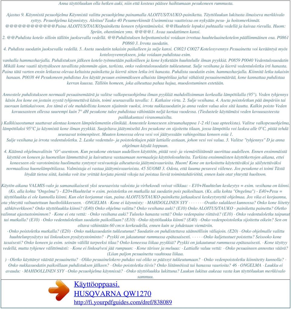 @@@@@@@@@@@@Paina ALOITUS/TAUKOpainiketta koneen tyhjentämiseksi. @@Huuhtele lopuksi puhtaalla vedellä ja kuivaa rievulla. Huom: Spriin, ohentimien yms. @@@@1. Avaa suodattimen kansi. 2.