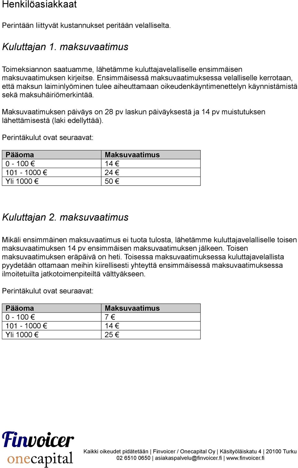 Maksuvaatimuksen päiväys on 28 pv laskun päiväyksestä ja 14 pv muistutuksen lähettämisestä (laki edellyttää). 0-100 14 101-1000 24 Yli 1000 50 Kuluttajan 2.