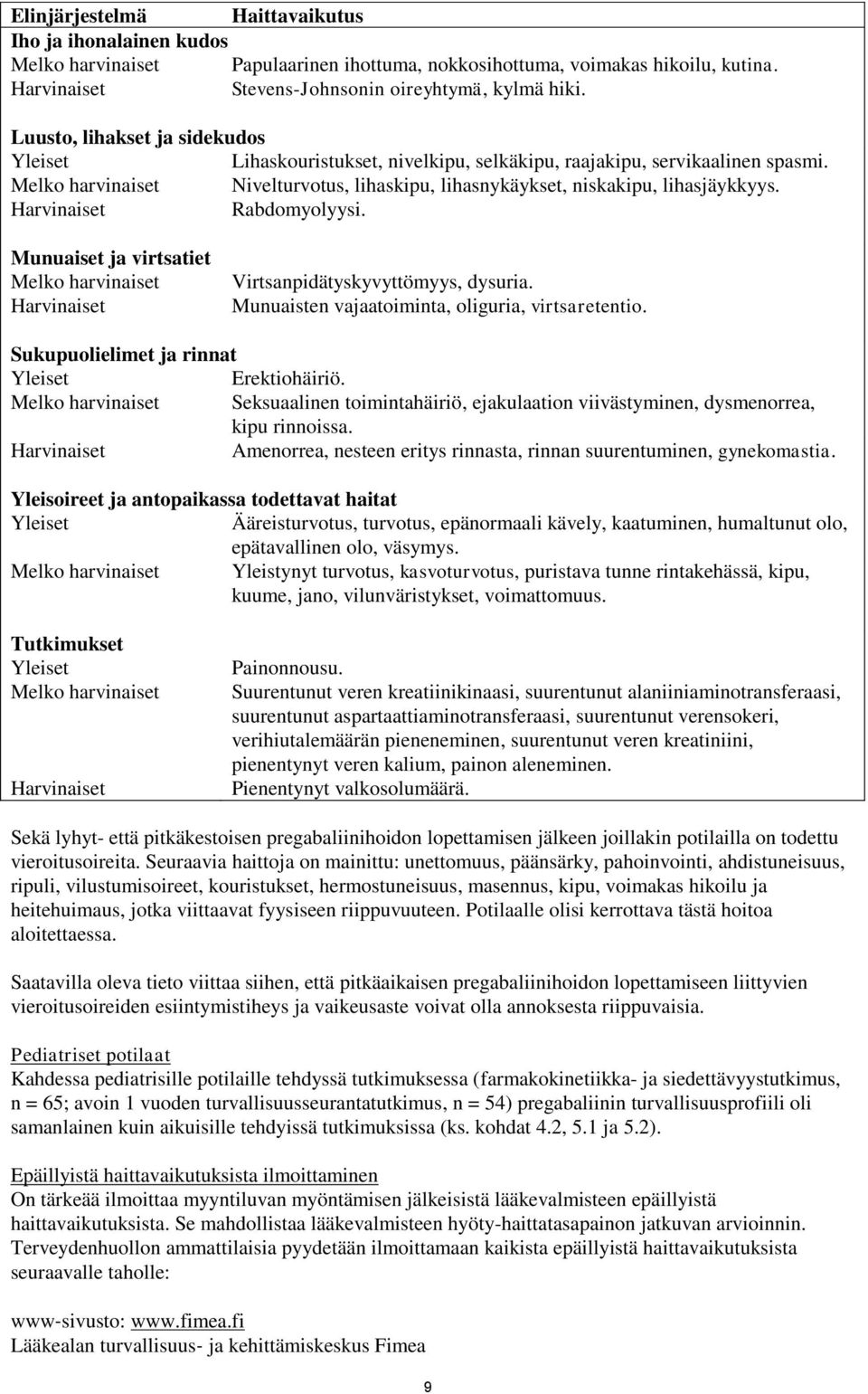 Rabdomyolyysi. Munuaiset ja virtsatiet Melko harvinaiset Virtsanpidätyskyvyttömyys, dysuria. Munuaisten vajaatoiminta, oliguria, virtsaretentio. Sukupuolielimet ja rinnat Yleiset Erektiohäiriö.