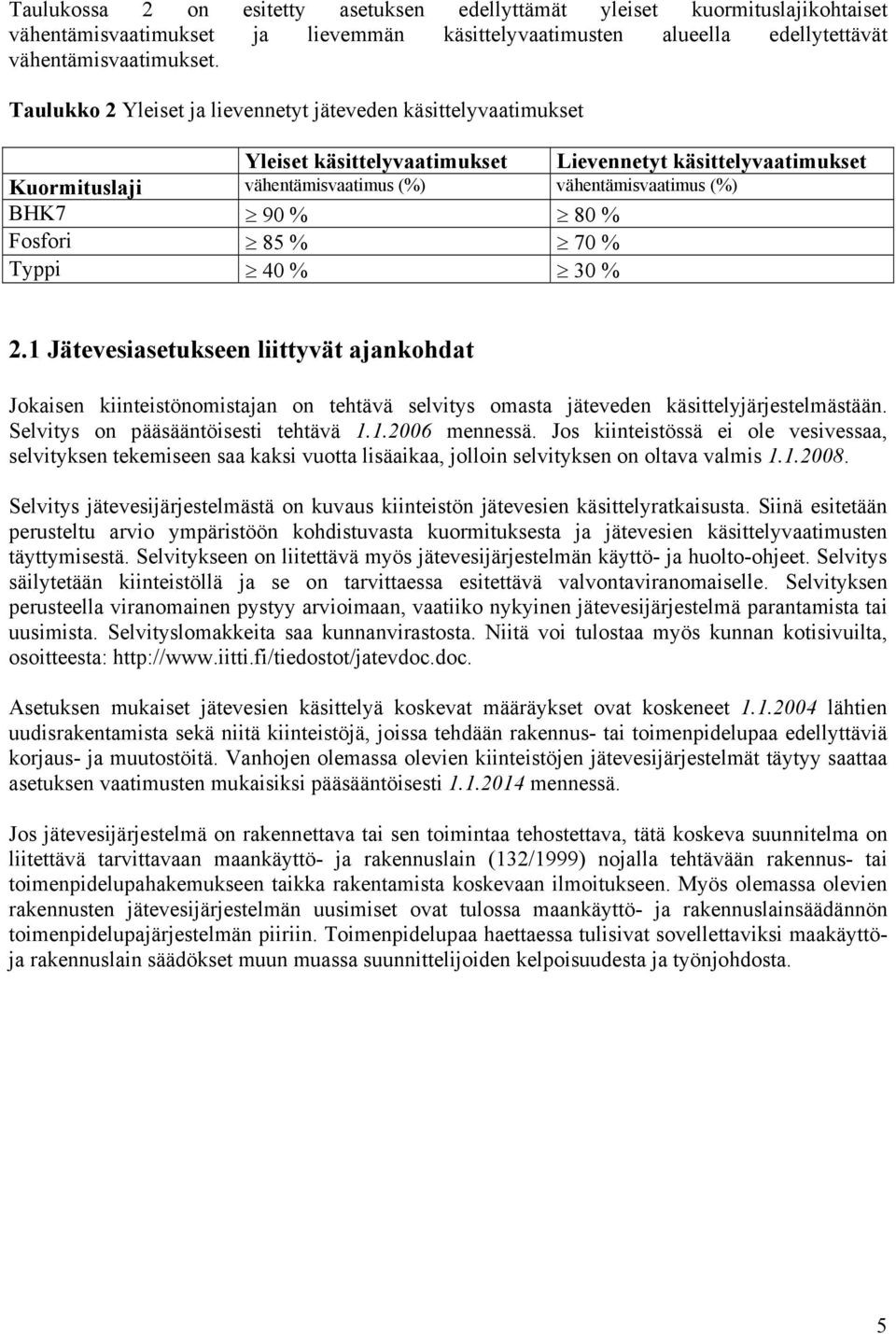 % Fosfori 85 % 70 % Typpi 40 % 30 % 2.1 Jätevesiasetukseen liittyvät ajankohdat Jokaisen kiinteistönomistajan on tehtävä selvitys omasta jäteveden käsittelyjärjestelmästään.