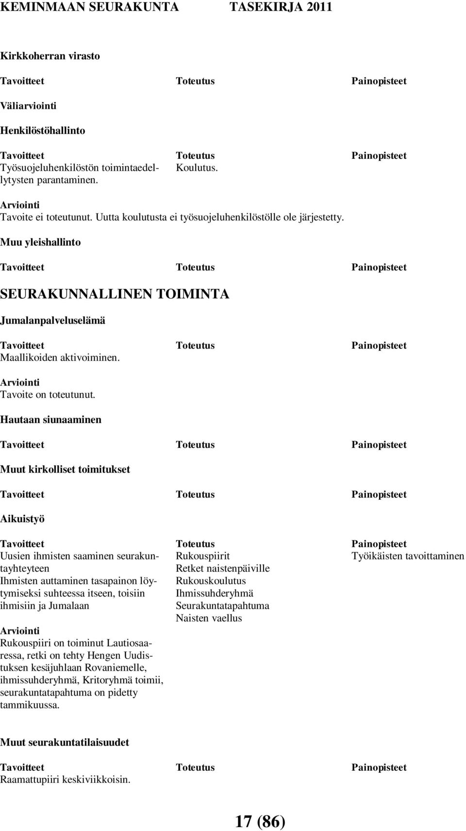 Muu yleishallinto Tavoitteet Toteutus Painopisteet SEURAKUNNALLINEN TOIMINTA Jumalanpalveluselämä Tavoitteet Maallikoiden aktivoiminen. Arviointi Tavoite on toteutunut.