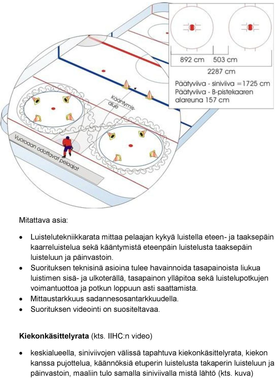 Suorituksen teknisinä asioina tulee havainnoida tasapainoista liukua luistimen sisä- ja ulkoterällä, tasapainon ylläpitoa sekä luistelupotkujen voimantuottoa ja potkun loppuun