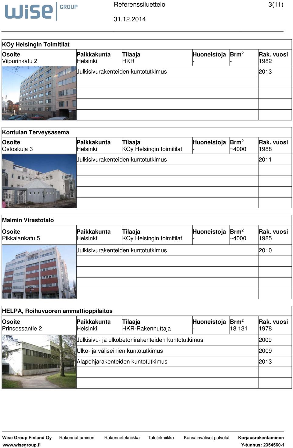 toimitilat ~4000 1985 Julkisivurakenteiden kuntotutkimus 2010 HELPA, Roihuvuoren ammattioppilaitos Prinsessantie 2 HKRRakennuttaja