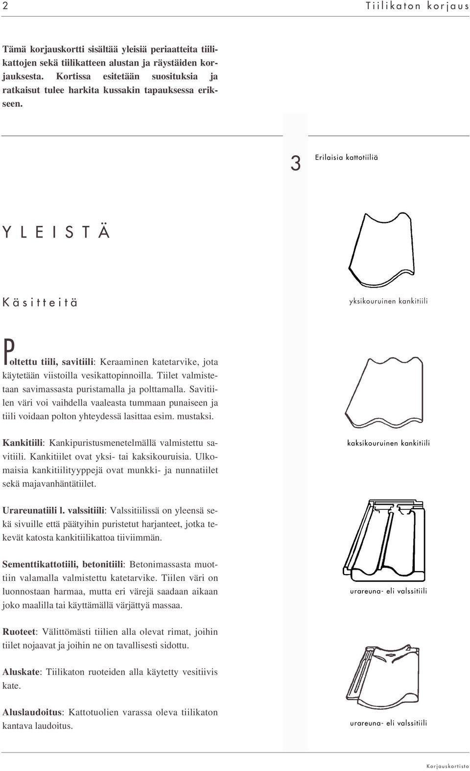 3 Erilaisia kattotiiliä Y L E I S T Ä Käsitteitä yksikouruinen kankitiili Poltettu tiili, savitiili: Keraaminen katetarvike, jota käytetään viistoilla vesikattopinnoilla.