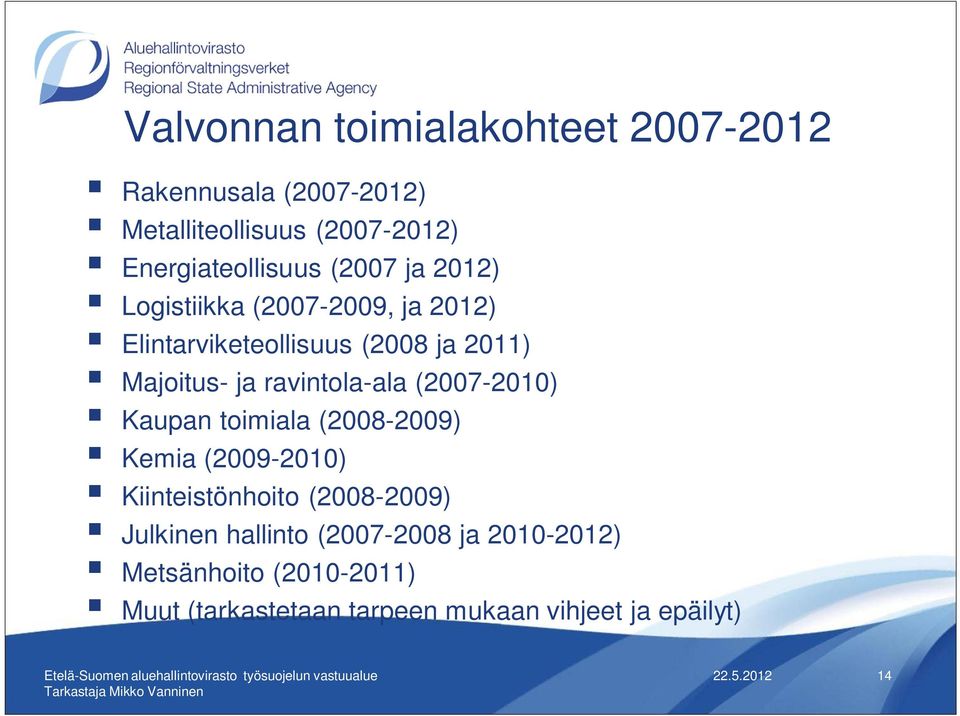 ravintola-ala (2007-2010) Kaupan toimiala (2008-2009) Kemia (2009-2010) Kiinteistönhoito (2008-2009)