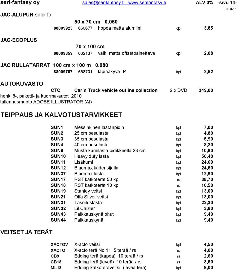 080 88009767 668701 läpinäkyvä P kpl 2,52 AUTOKUVASTO CTC Car n Truck vehicle outline collection 2 x DVD 349,00 henkilö-, paketti- ja kuorma-autot 2010 tallennusmuoto ADOBE ILLUSTRATOR (AI) TEIPPAUS