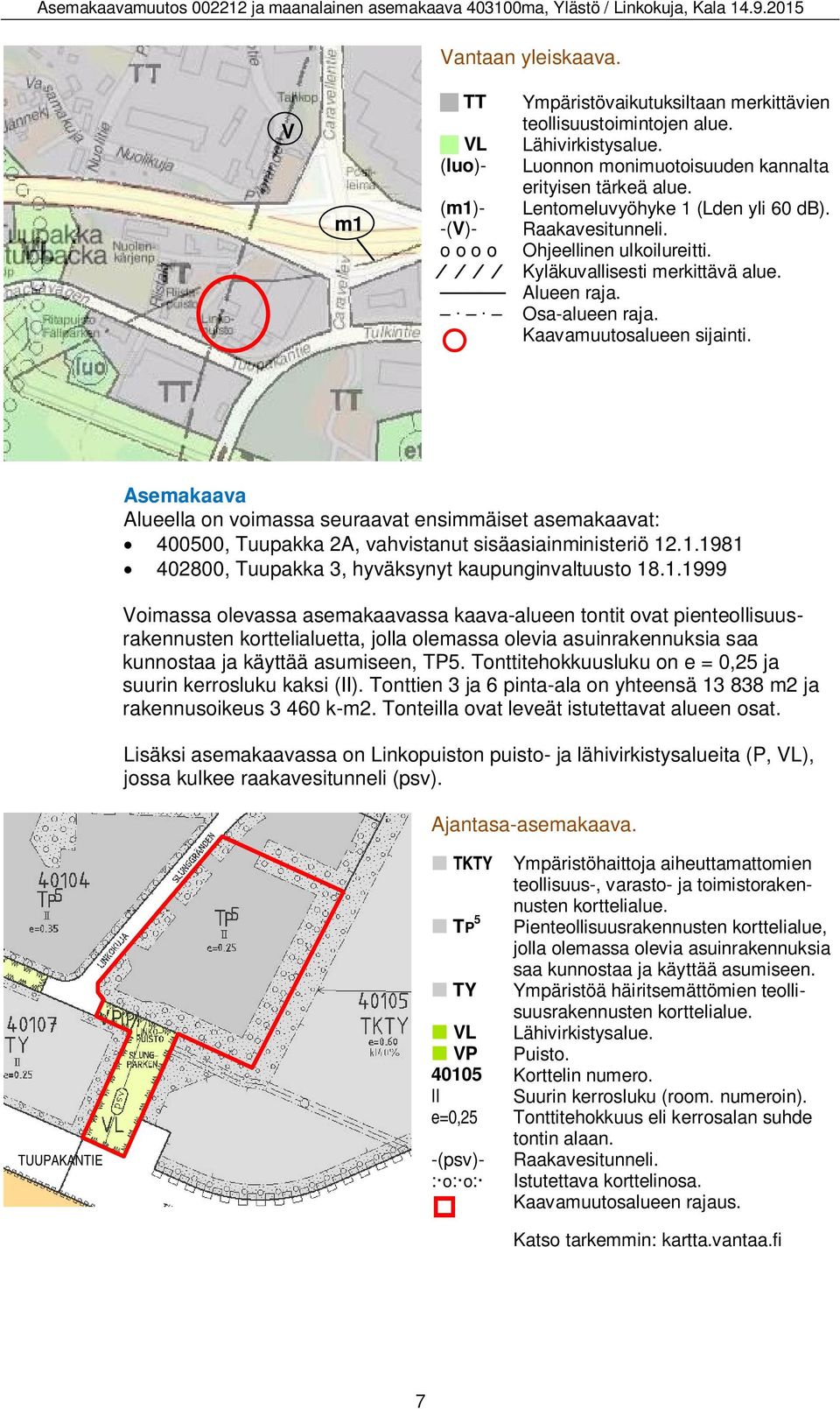 Asemakaava Alueella on voimassa seuraavat ensimmäiset asemakaavat: 400500, Tuupakka 2A, vahvistanut sisäasiainministeriö 12