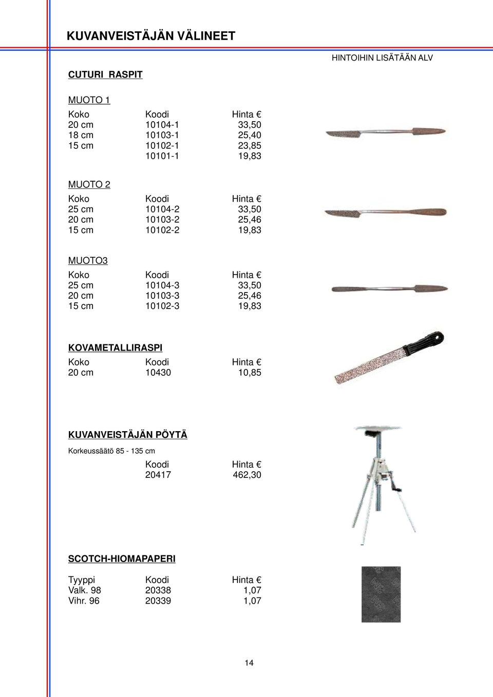 cm 15 cm 10104-3 10103-3 10102-3 33,50 25,46 19,83 KOVAMETALLIRASPI 20 cm 10430 10,85 KUVANVEISTÄJÄN
