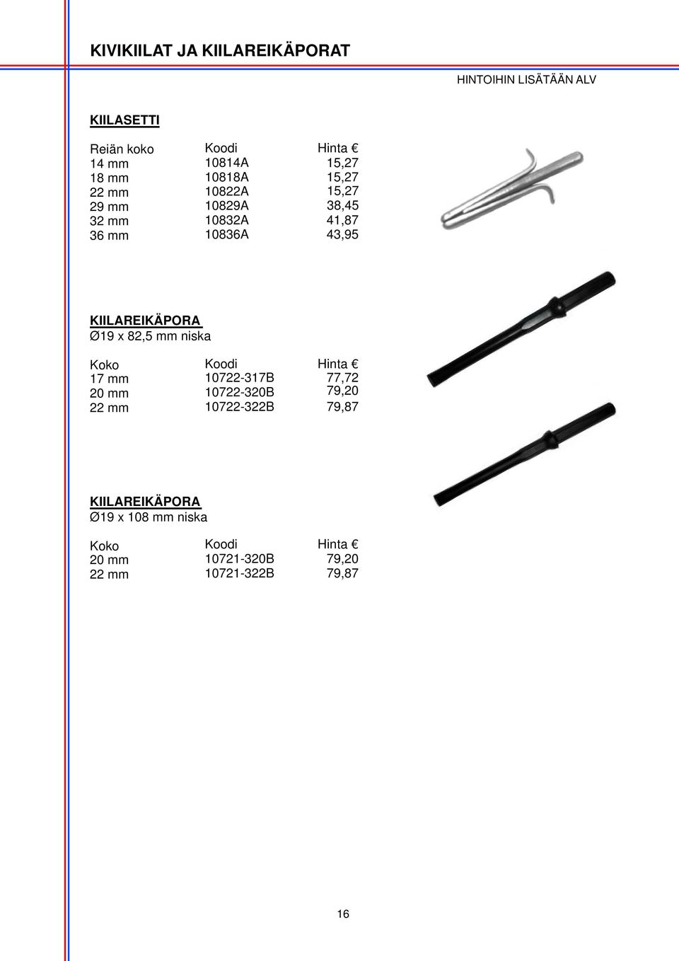 KIILAREIKÄPORA Ø19 x 82,5 mm niska 17 mm 10722-317B 77,72 20 mm 10722-320B 79,20 22 mm