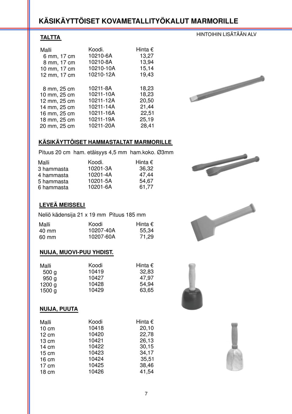 mm, 25 cm 10211-14A 21,44 16 mm, 25 cm 10211-16A 22,51 18 mm, 25 cm 10211-19A 25,19 20 mm, 25 cm 10211-20A 28,41 KÄSIKÄYTTÖISET HAMMASTALTAT MARMORILLE Pituus 20 cm ham. etäisyys 4,5 mm ham.koko.