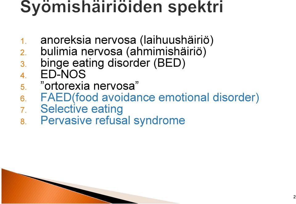 binge eating disorder (BED) 4. ED-NOS 5.