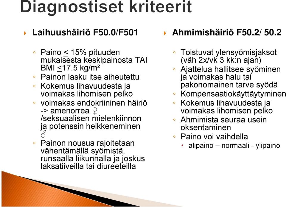 heikkeneminen Painon nousua rajoitetaan vähentämällä syömistä, runsaalla liikunnalla ja joskus laksatiiveilla tai diureeteilla Ahmimishäiriö F50.2/ 50.