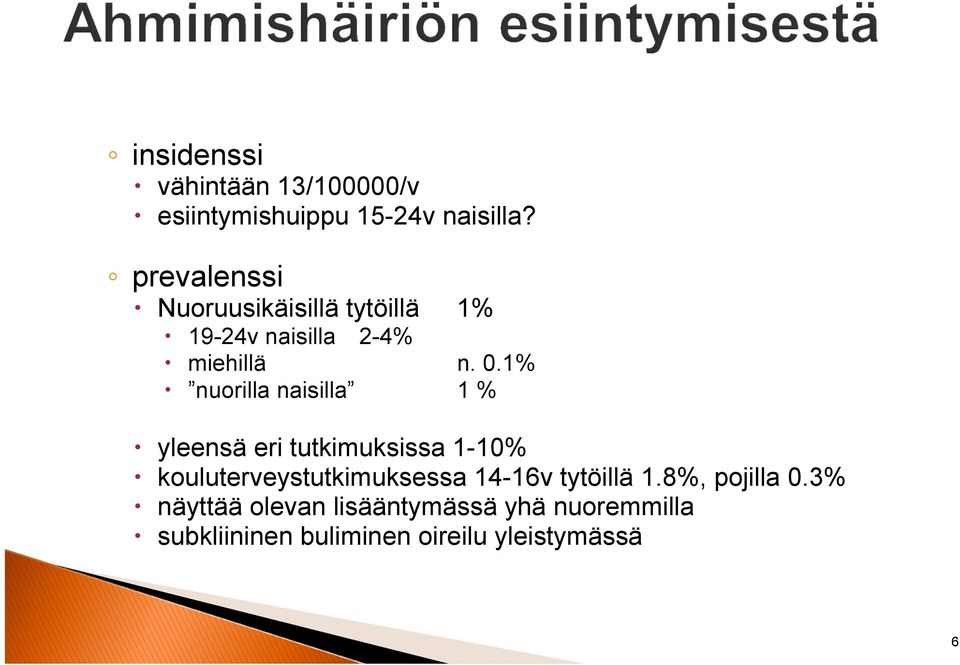 1% nuorilla naisilla 1 % yleensä eri tutkimuksissa 1-10% kouluterveystutkimuksessa