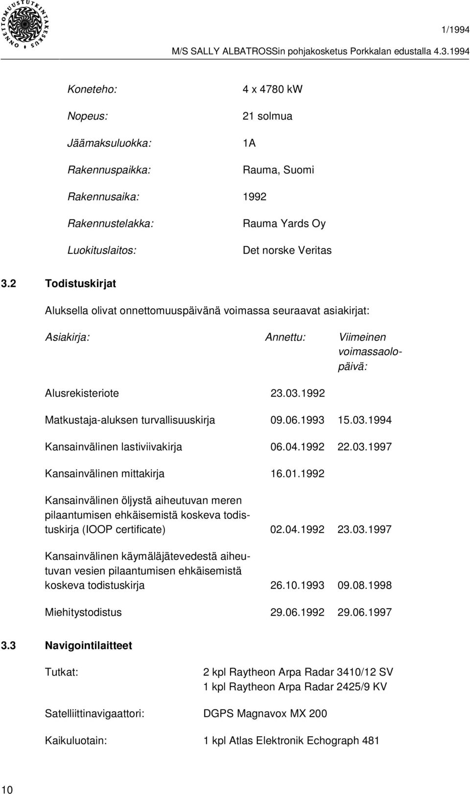 06.1993 15.03.1994 Kansainvälinen lastiviivakirja 06.04.1992 22.03.1997 Kansainvälinen mittakirja 16.01.