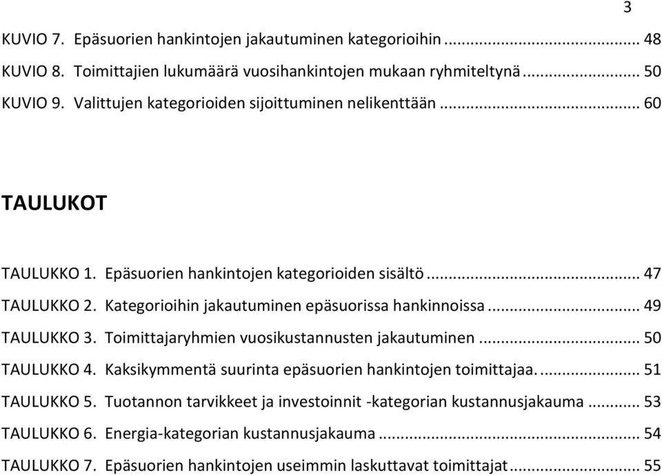Kategorioihin jakautuminen epäsuorissa hankinnoissa... 49 TAULUKKO 3. Toimittajaryhmien vuosikustannusten jakautuminen... 50 TAULUKKO 4.