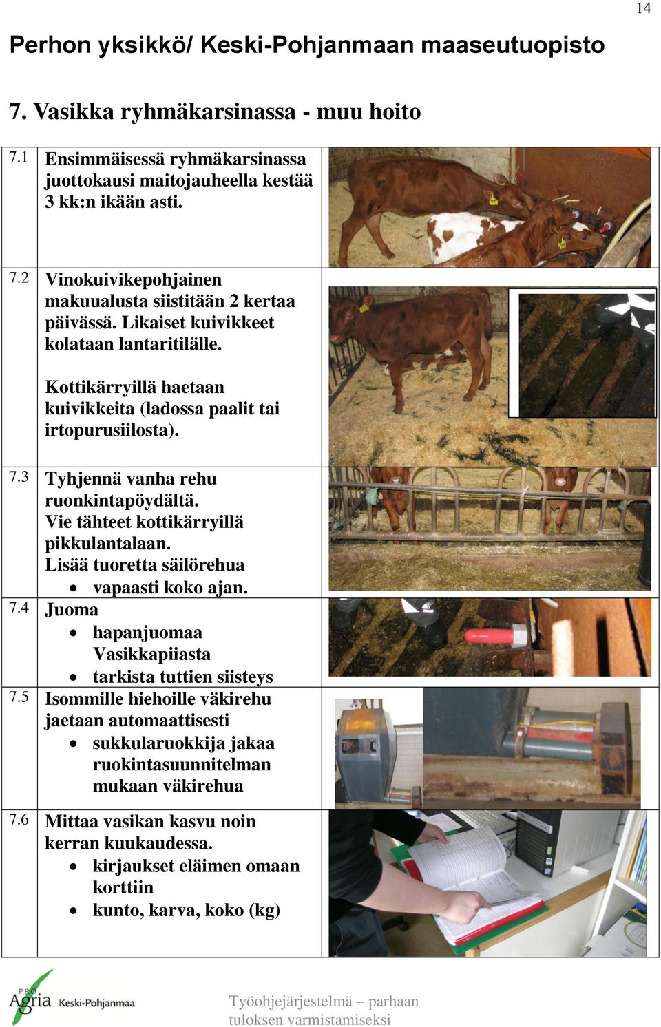 Vie tähteet kottikärryillä pikkulantalaan. Lisää tuoretta säilörehua vapaasti koko ajan. 7.4 Juoma hapanjuomaa Vasikkapiiasta tarkista tuttien siisteys 7.