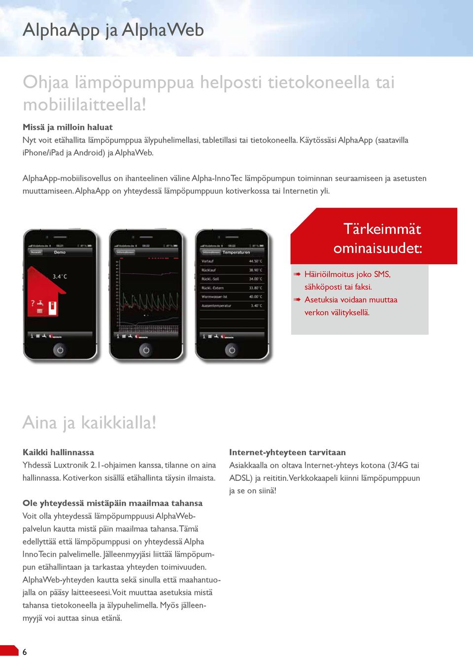 AlphaApp on yhteydessä lämpöpumppuun kotiverkossa tai Internetin yli. Tärkeimmät ominaisuudet: Häiriöilmoitus joko SMS, sähköposti tai faksi. Asetuksia voidaan muuttaa verkon välityksellä.