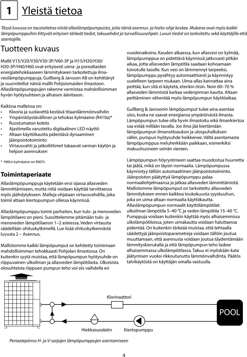 Tuoeen kuvaus Malli V15/V20/V30/V30-3P/V60-3P ja H15/H20/H30/ H30-3P/H40/H60 ova eriyisesi uima- ja porealaiden energiaehokkaaseen lämmiykseen arkoieuja ilmavesilämpöpumppuja.