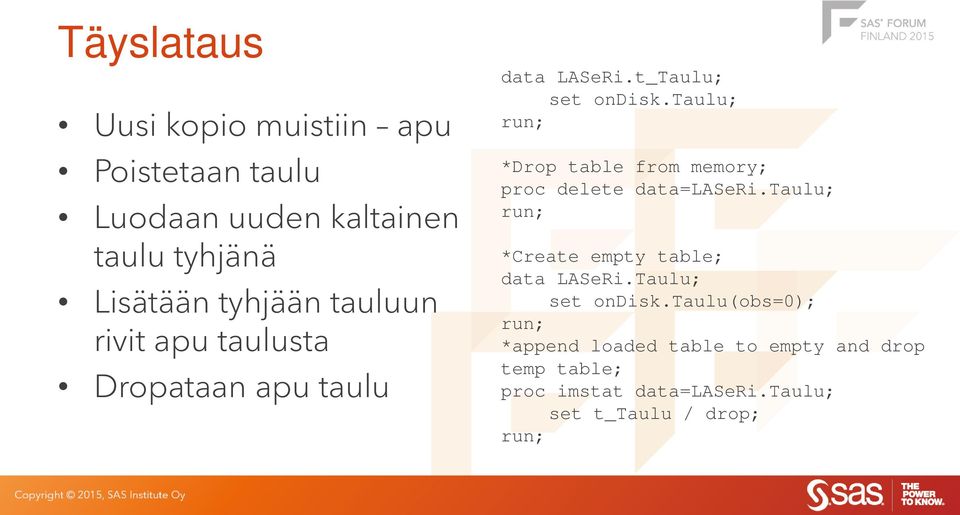 taulu; run; *Drop table from memory; proc delete data=laseri.taulu; run; *Create empty table; data LASeRi.