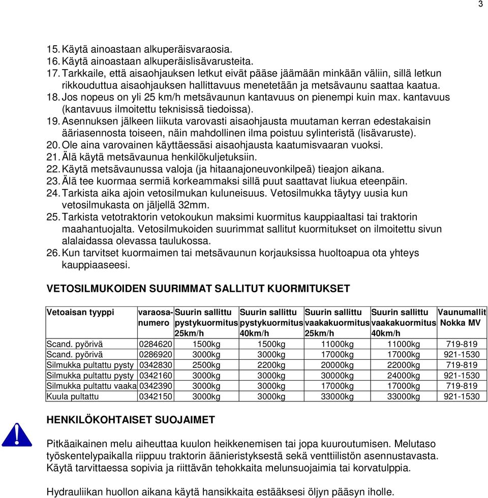 Jos nopeus on yli 25 km/h metsävaunun kantavuus on pienempi kuin max. kantavuus (kantavuus ilmoitettu teknisissä tiedoissa). 19.