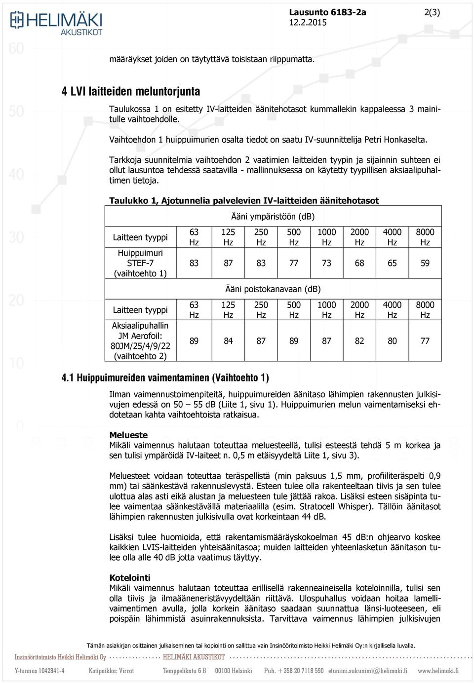 Vaihtoehdon 1 huippuimurien osalta tiedot on saatu IV-suunnittelija Petri Honkaselta.