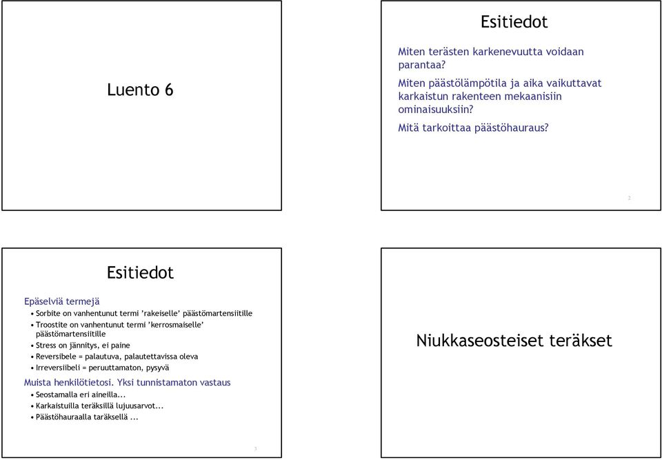 2 Esitiedot Epäselviä termejä Sorbite on vanhentunut termi rakeiselle päästömartensiitille Troostite on vanhentunut termi kerrosmaiselle päästömartensiitille