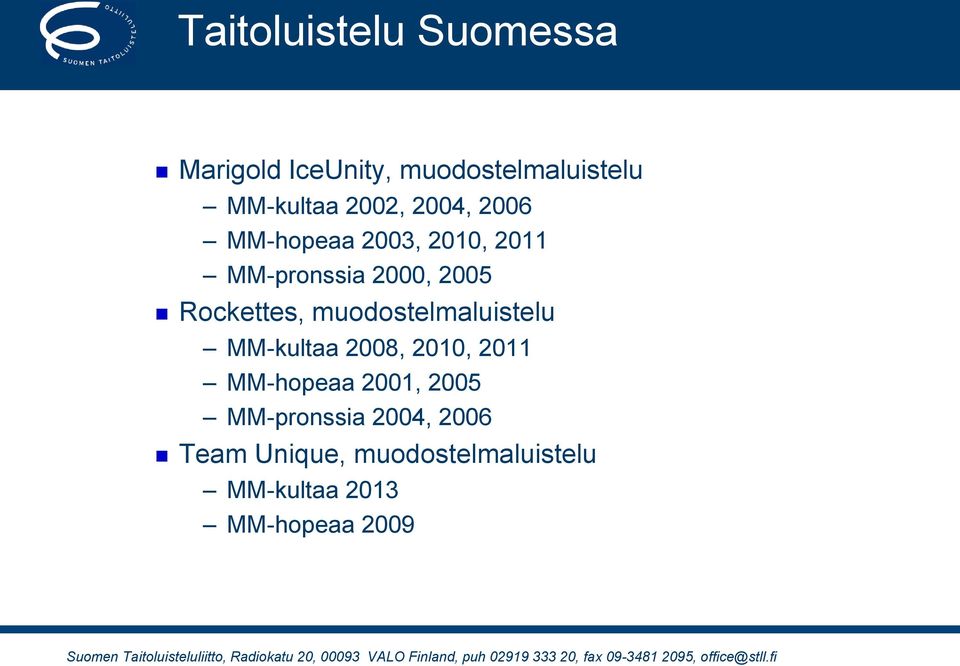 Rockettes, muodostelmaluistelu MM-kultaa 2008, 2010, 2011 MM-hopeaa 2001,