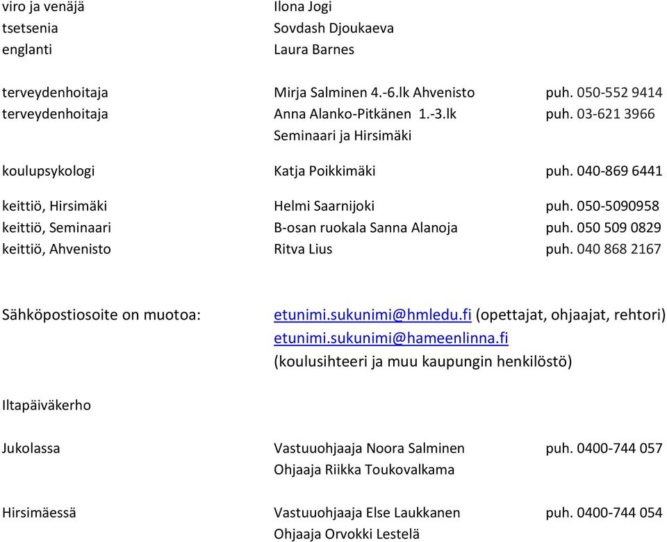 050 509 0829 keittiö, Ahvenisto Ritva Lius puh. 040 868 2167 Sähköpostiosoite on muotoa: etunimi.sukunimi@hmledu.fi (opettajat, ohjaajat, rehtori) etunimi.sukunimi@hameenlinna.