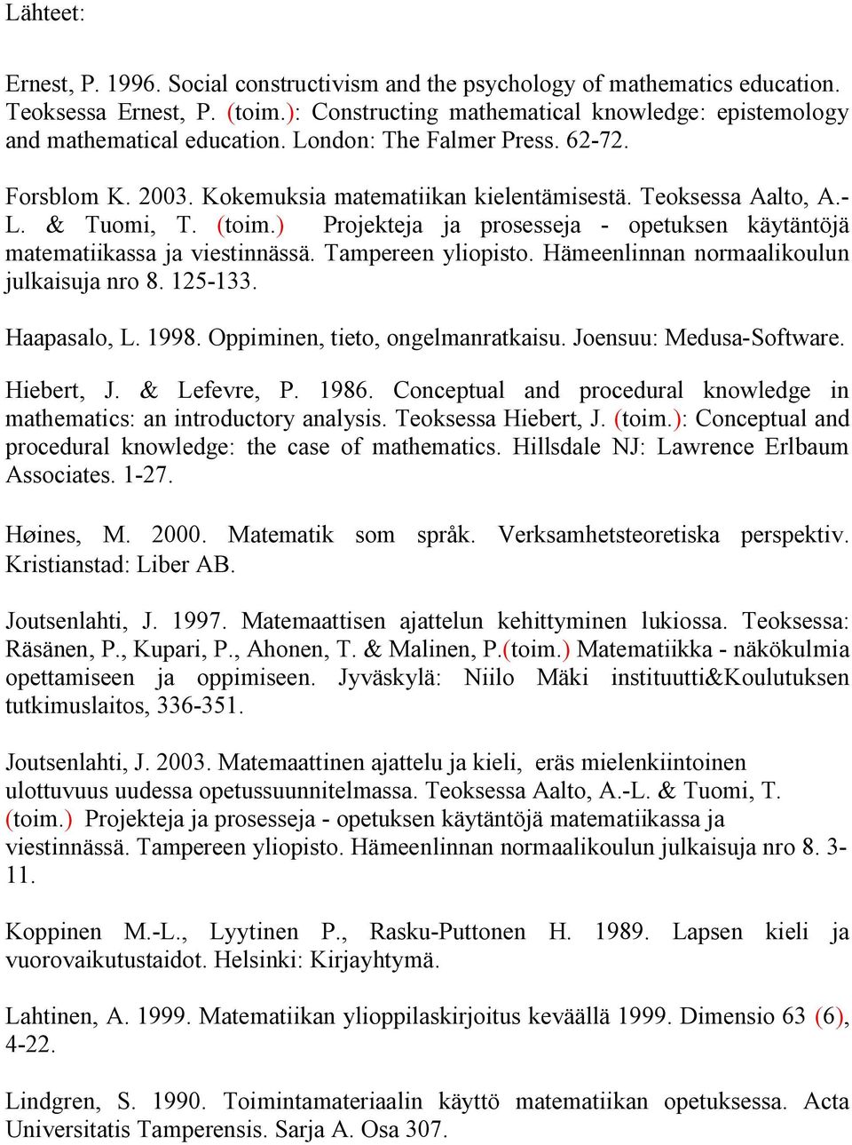 ) Projekteja ja prosesseja - opetuksen käytäntöjä matematiikassa ja viestinnässä. Tampereen yliopisto. Hämeenlinnan normaalikoulun julkaisuja nro 8. 125-133. Haapasalo, L. 1998.