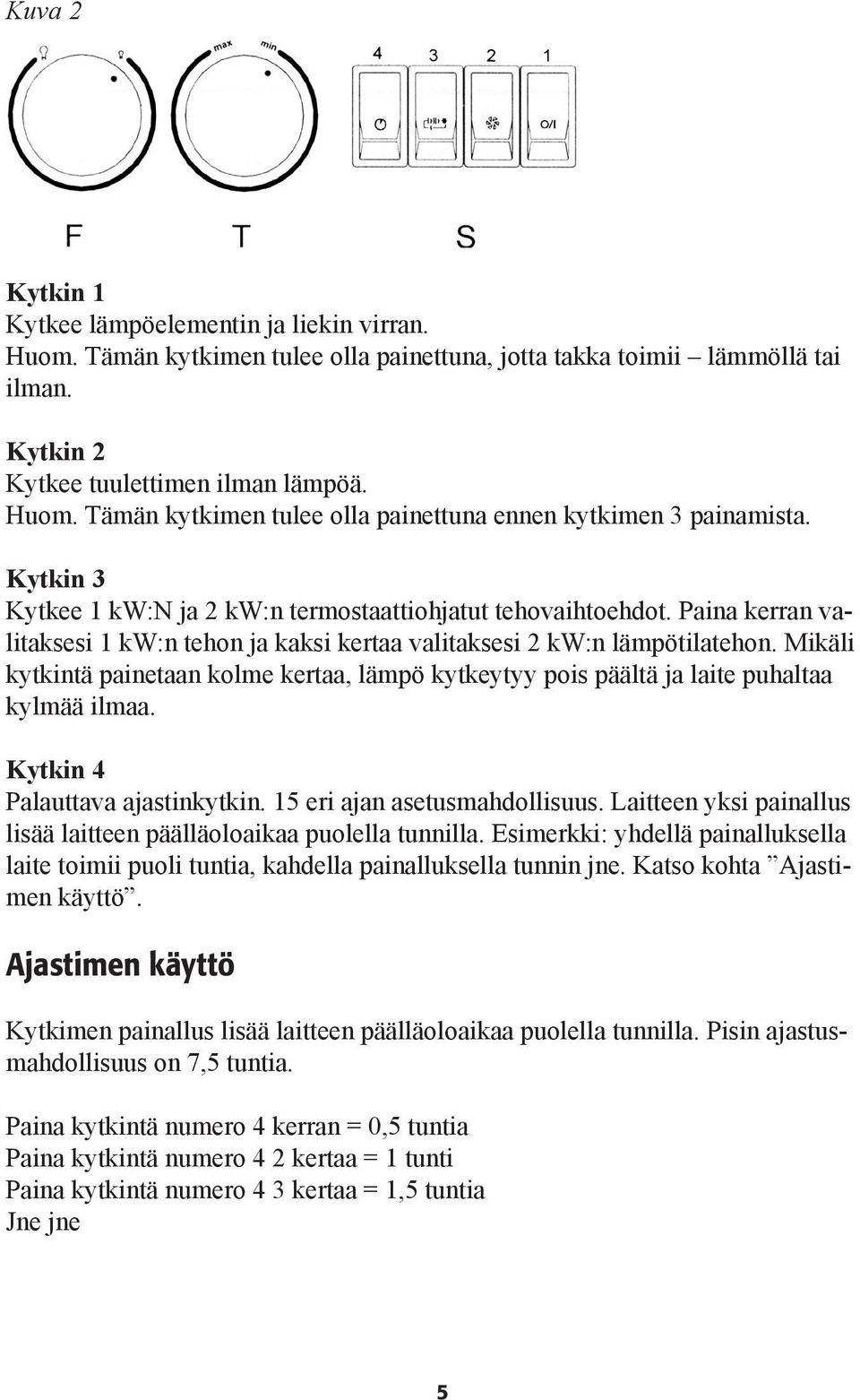 Mikäli kytkintä painetaan kolme kertaa, lämpö kytkeytyy pois päältä ja laite puhaltaa kylmää ilmaa. Kytkin 4 Palauttava ajastinkytkin. 15 eri ajan asetusmahdollisuus.