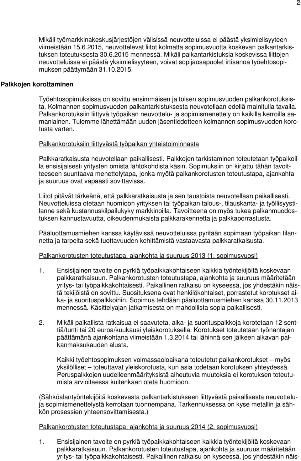 Mikäli palkantarkistuksia koskevissa liittojen neuvotteluissa ei päästä yksimielisyyteen, voivat sopijaosapuolet irtisanoa työehtosopimuksen päättymään 31.10.2015.